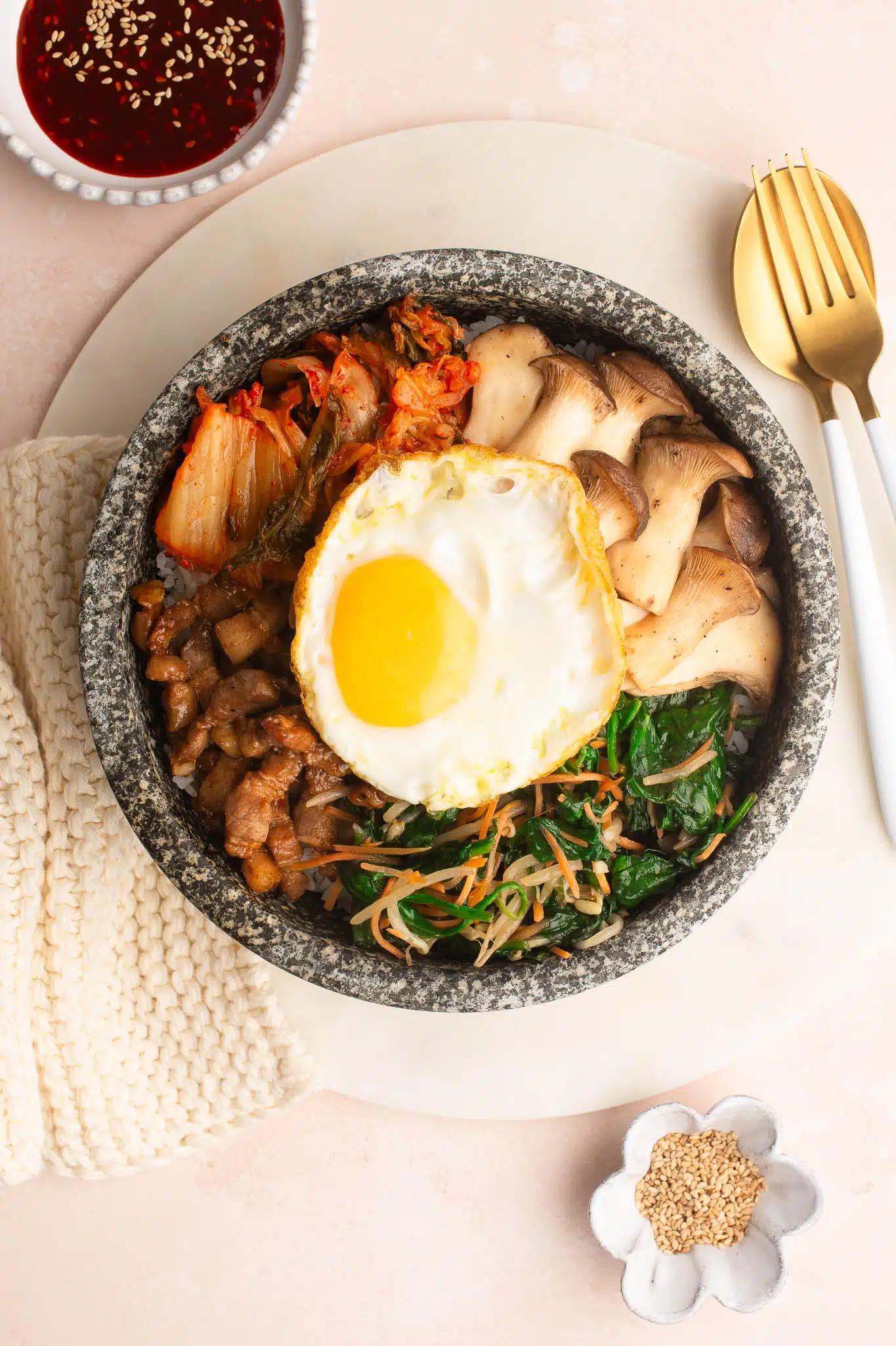 korean bibimbap in dolsot with fried egg