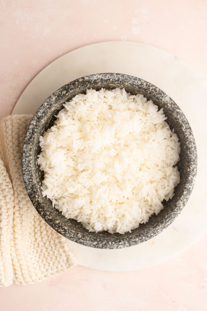 steamed rice in stone bowl