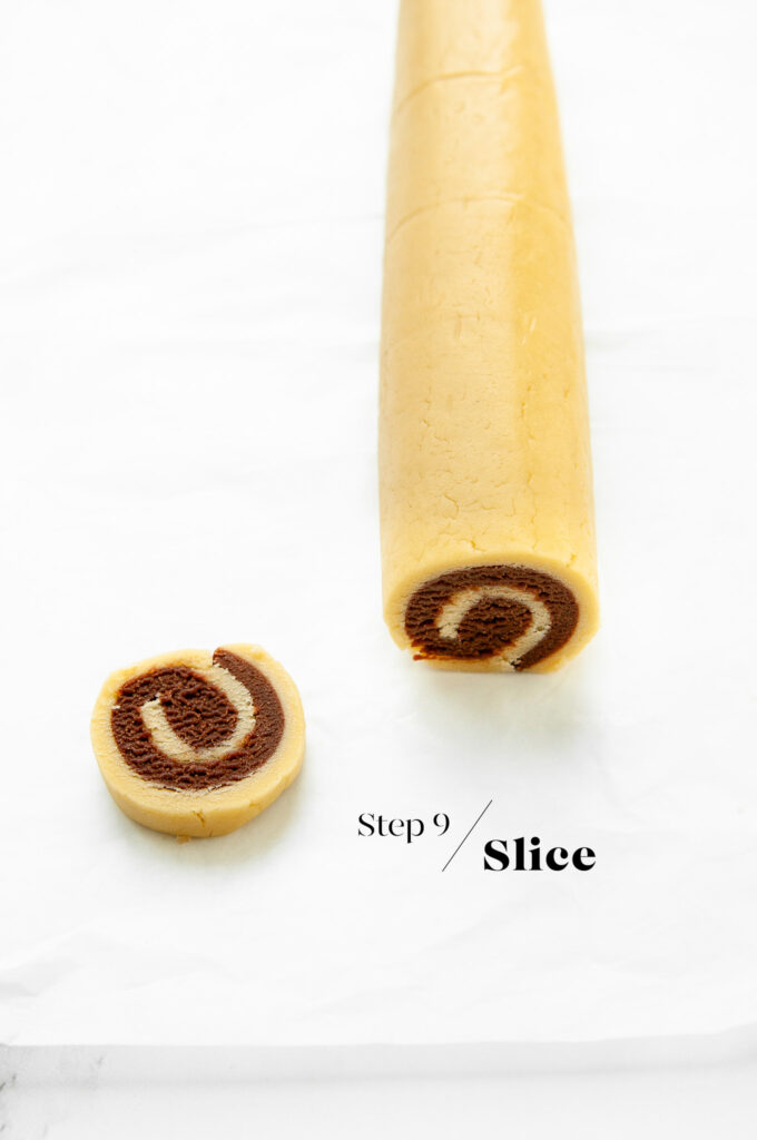 slicing pinwheel cookie dough
