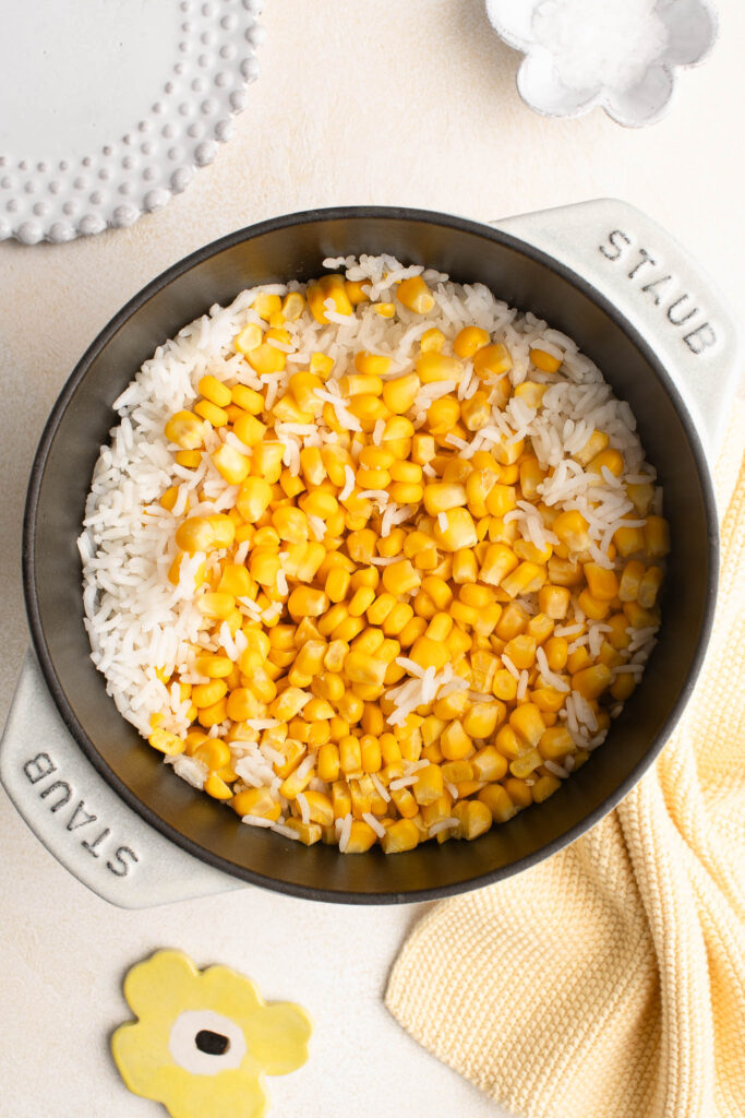 corn rice in cast iron pot