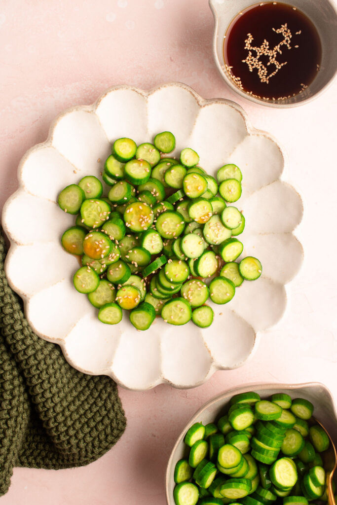 asian cucumber salad on flower plate