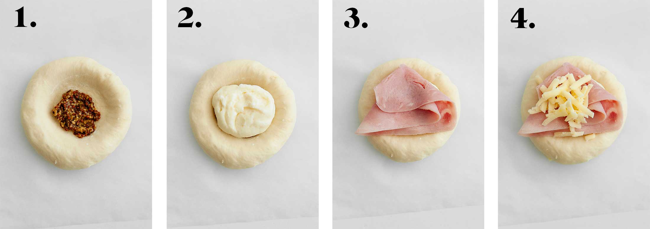 filling ham and cheese rolls with mustard and bechamel sauce