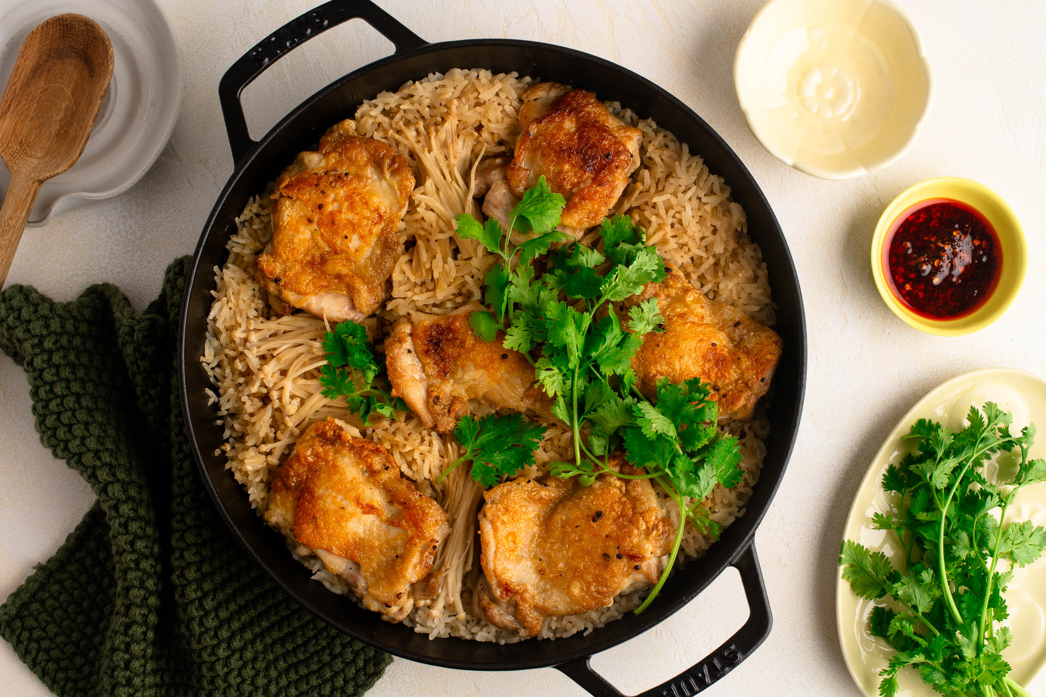 one pan chicken and rice in cast iron pan