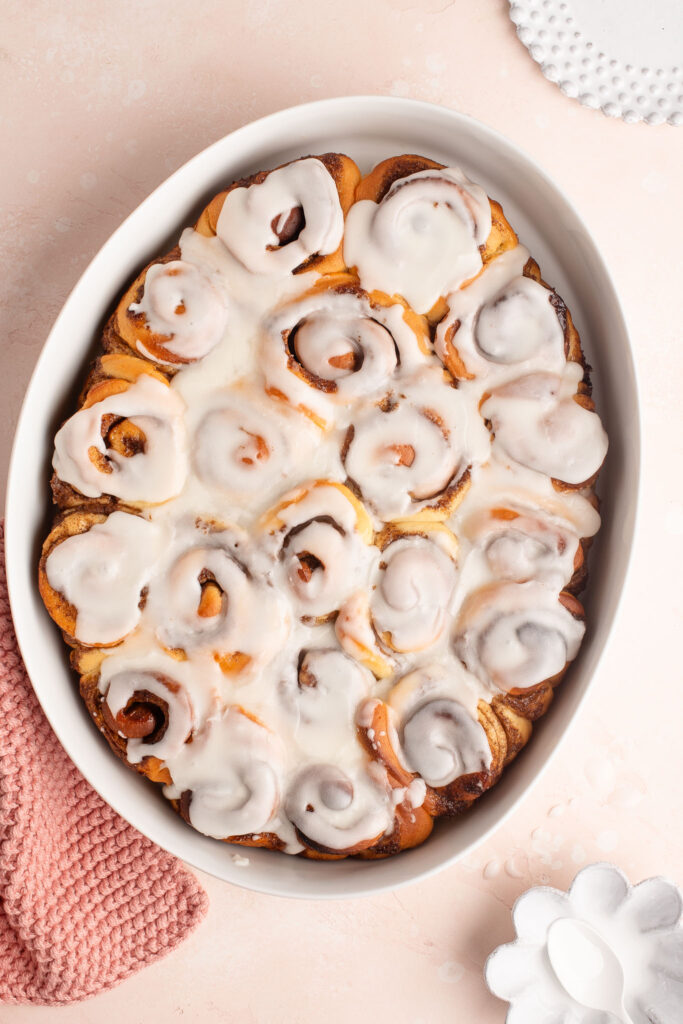 mini cinnamon rolls in white baking dish