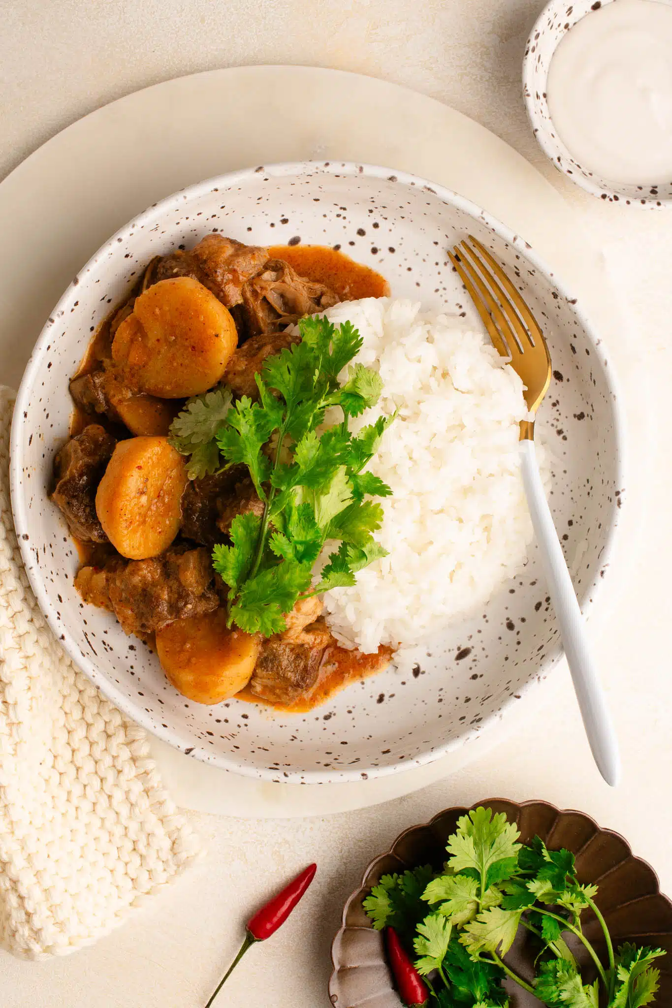 beef massaman curry with rice in bowl with fork