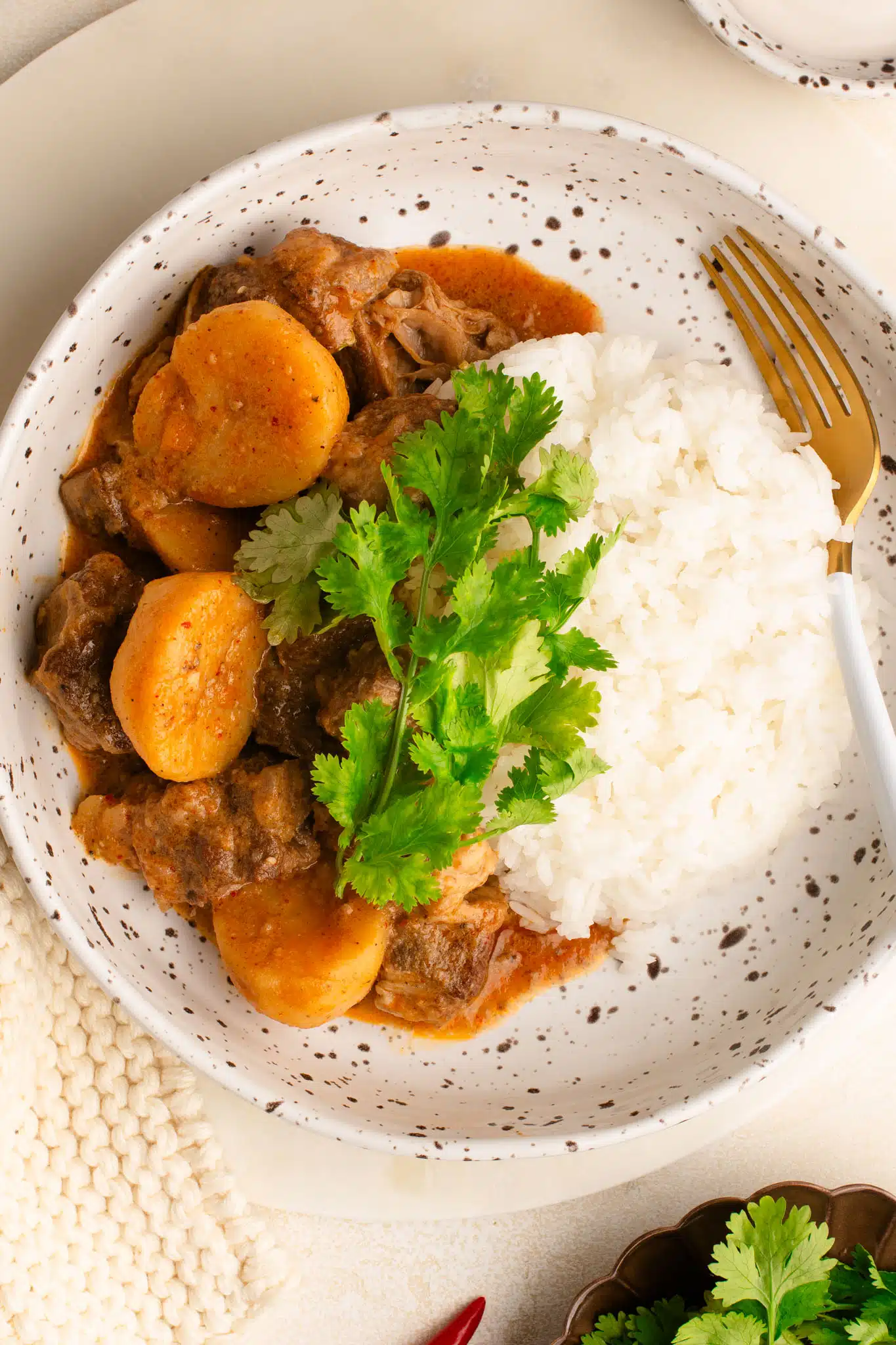 beef massaman curry with steamed rice and coriander in a bowl