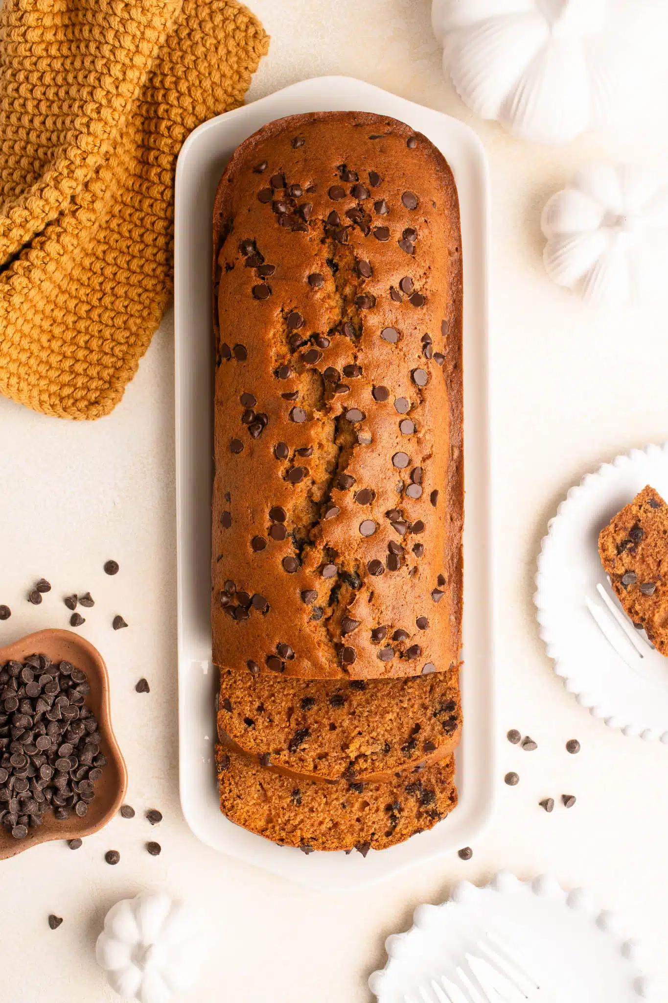 chocolate chip pumpkin bread on white plate