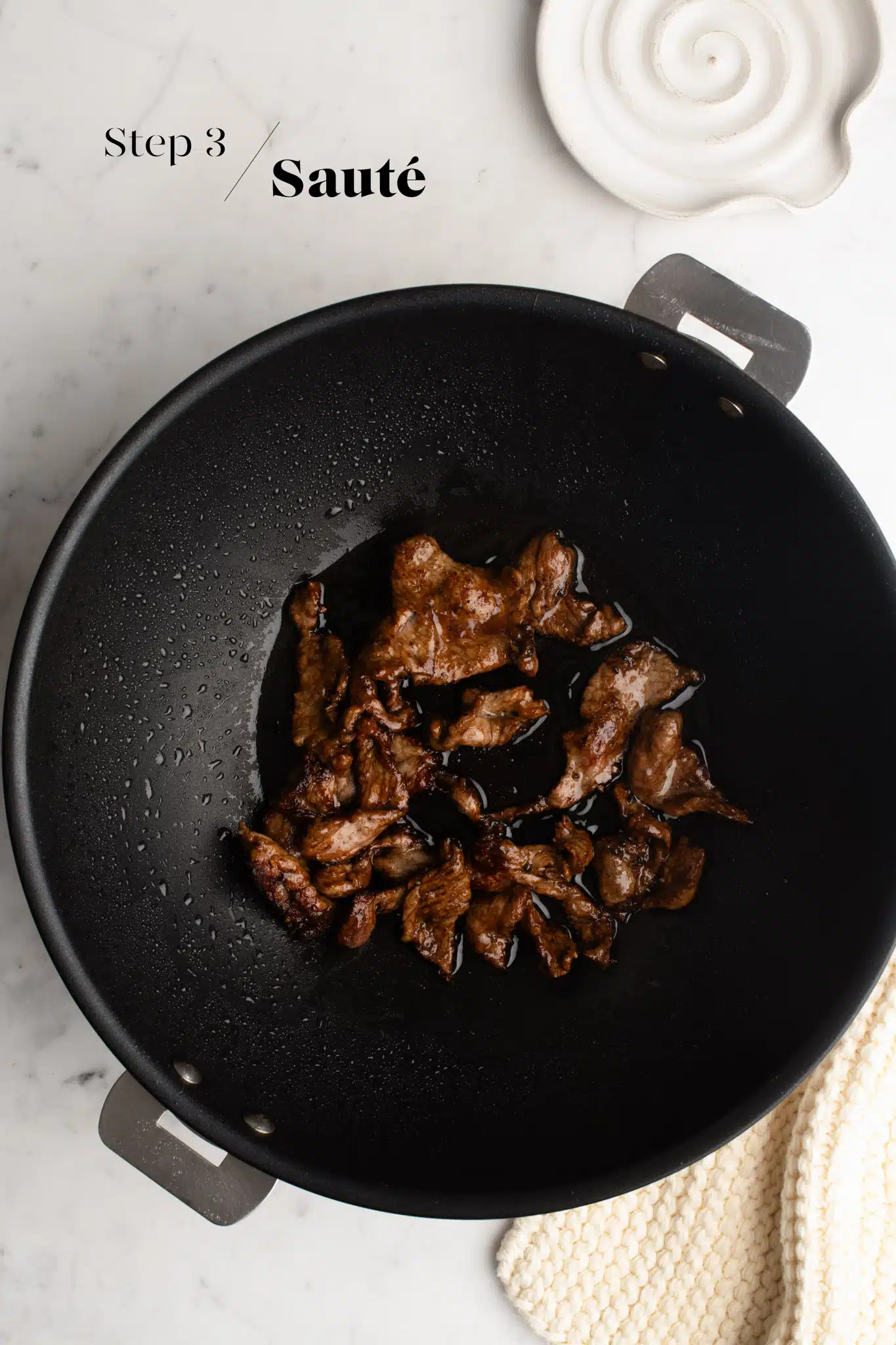browning beef in large wok