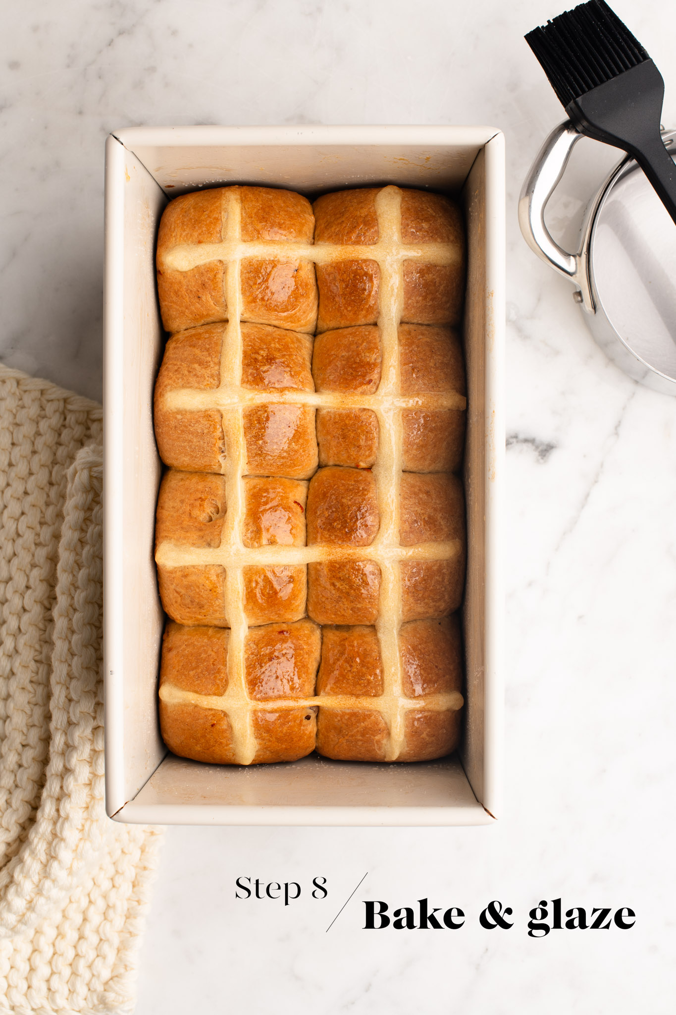 baked hot cross bun loaf in loaf pan