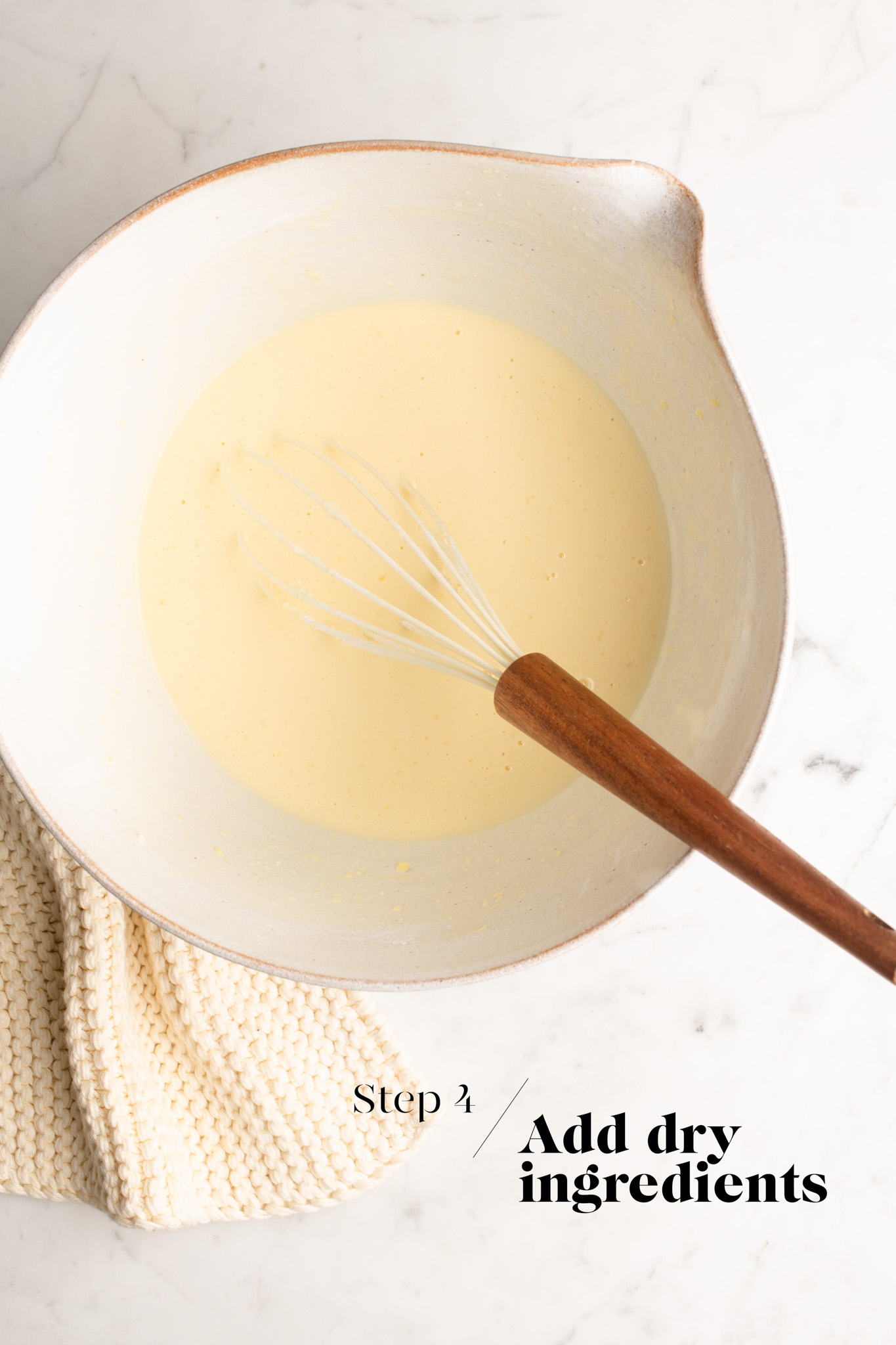 batter for shanghai butter mochi in white mixing bowl