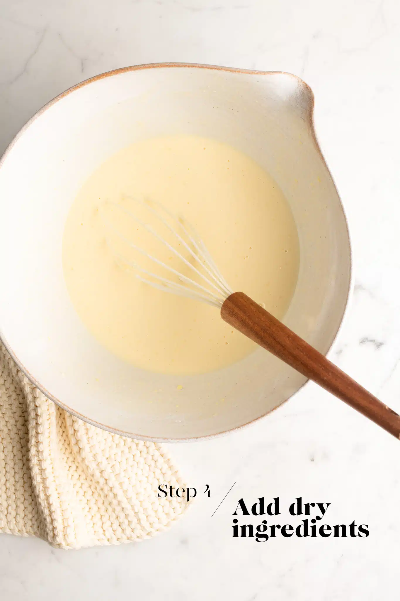 batter for shanghai butter mochi in white mixing bowl