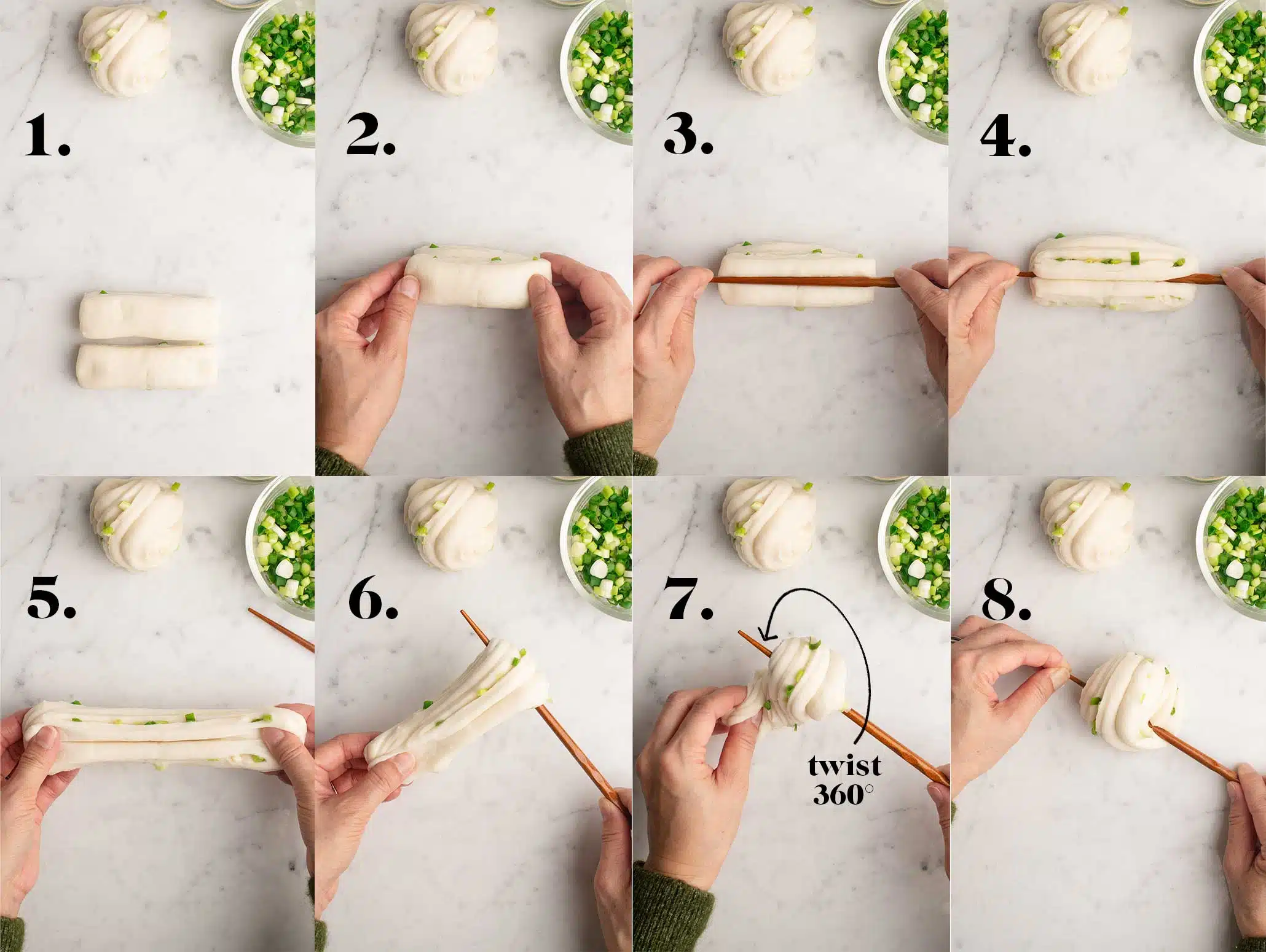 step by step instructions for making scallion flower buns or spring onion flower buns