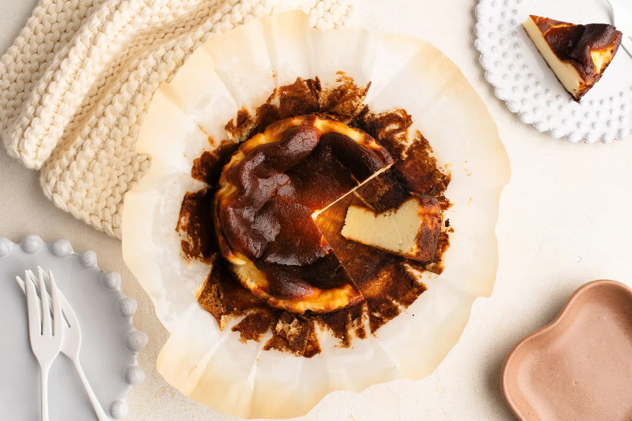 basque cheesecake on baking paper