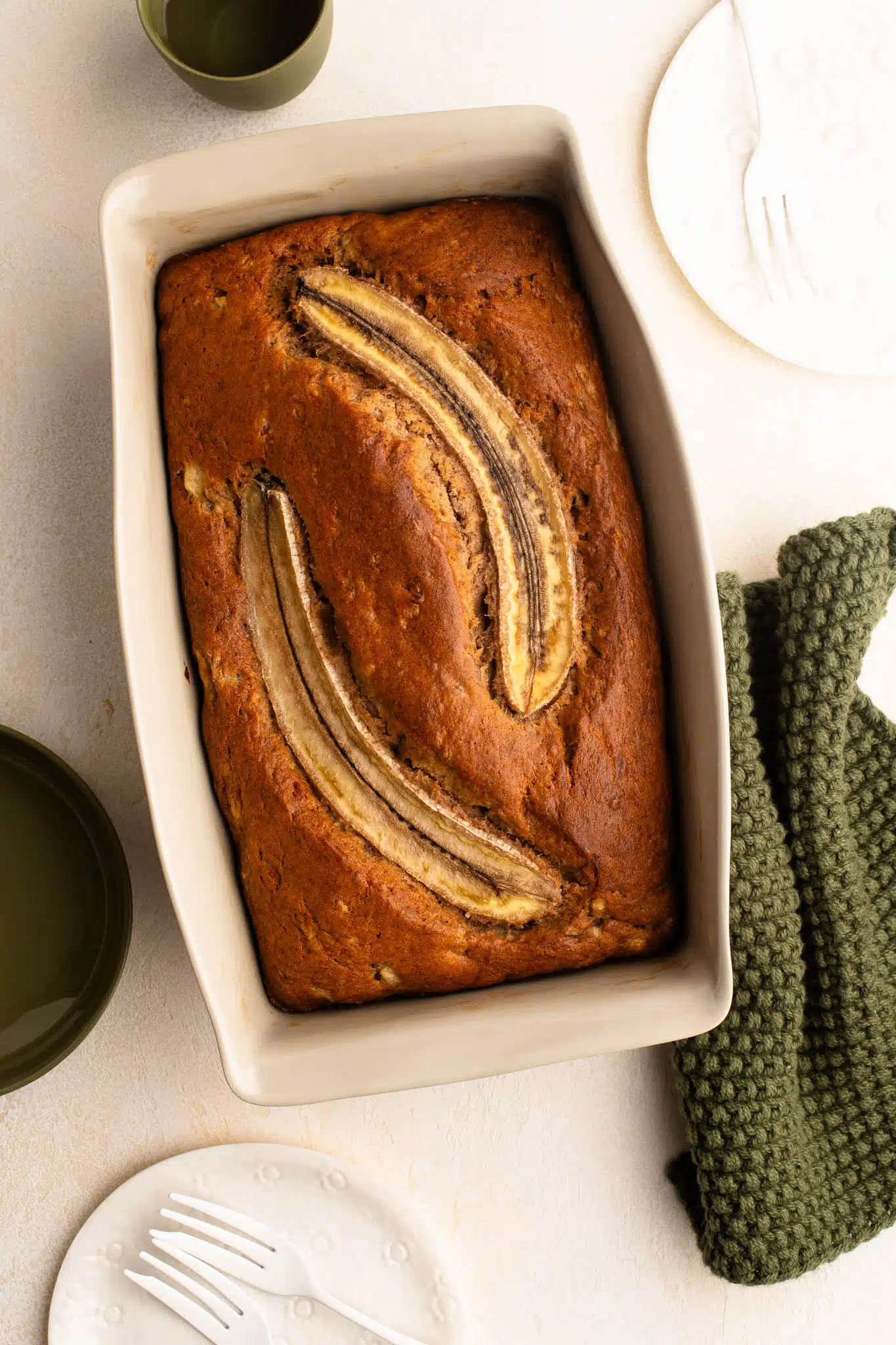 banana bread in ceramic loaf pan