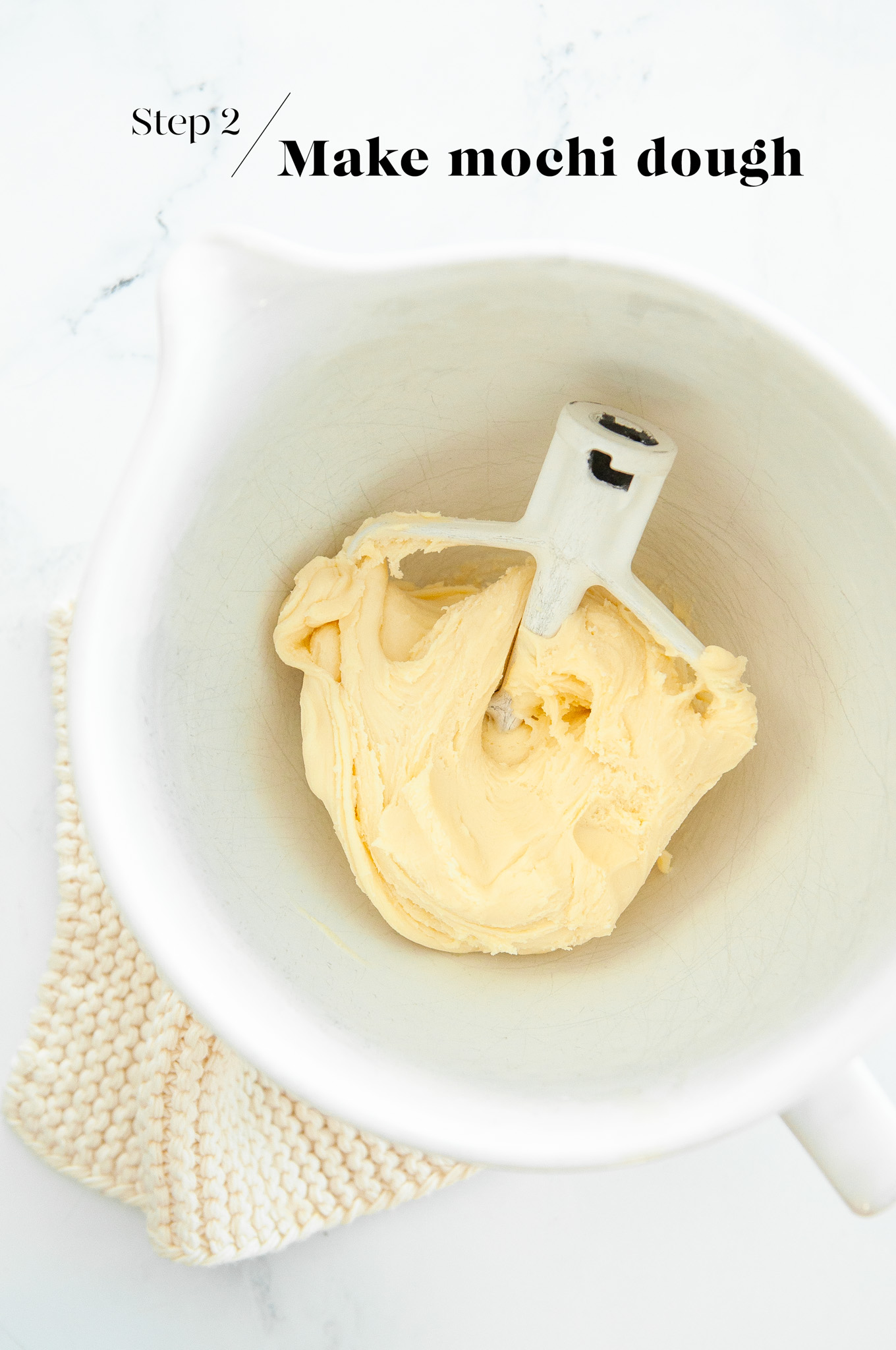 mochi dough in white mixing bowl