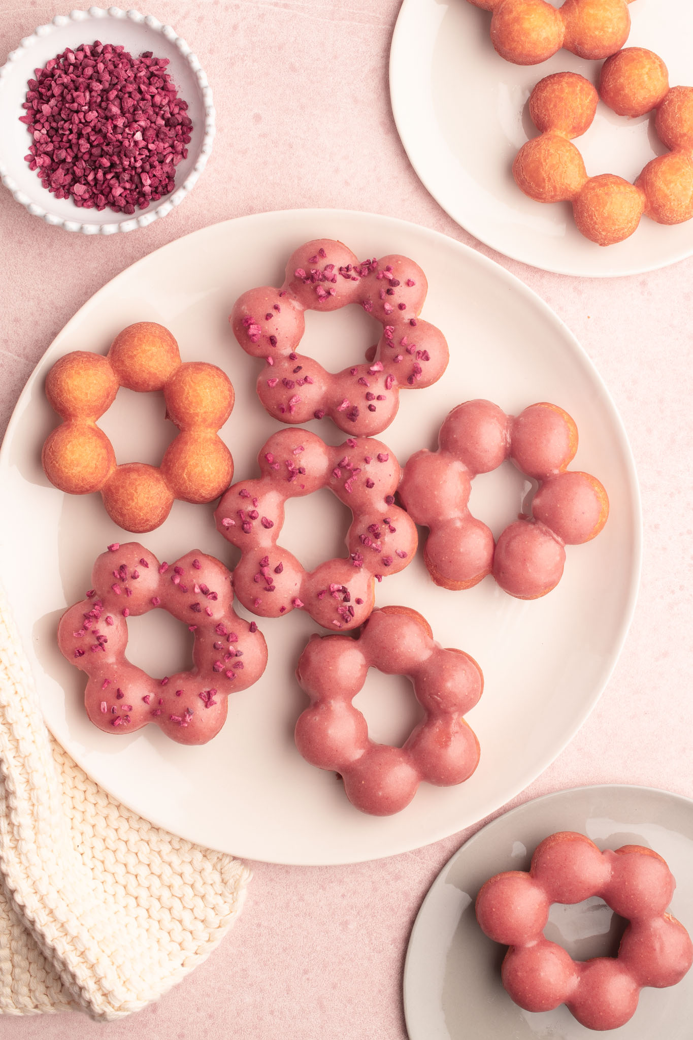 strawberry mochi donuts on large plate